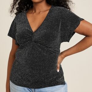 NWT Maurices Black Shimmer Twist Front Short Sleeve Blouse Top Stretchy 1X